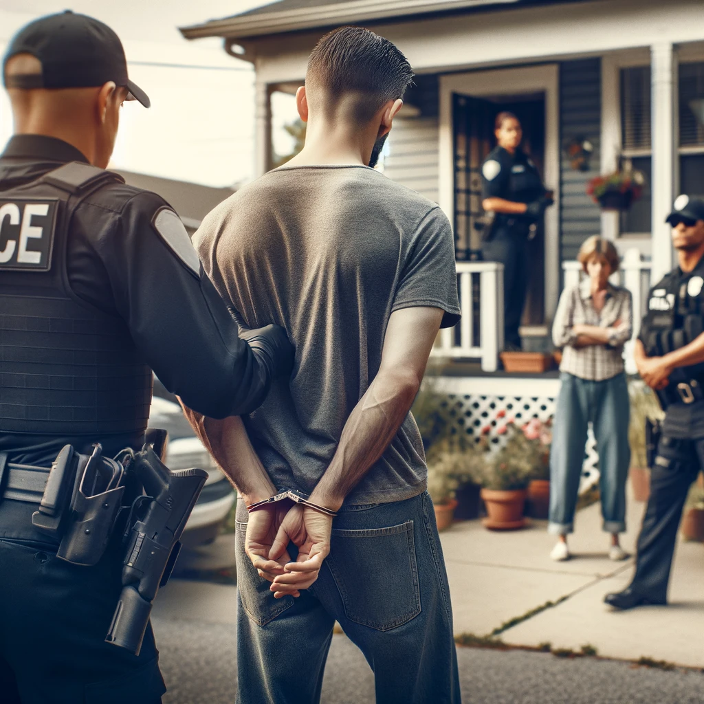 Officer arresting a man for a domestic strangulation case.