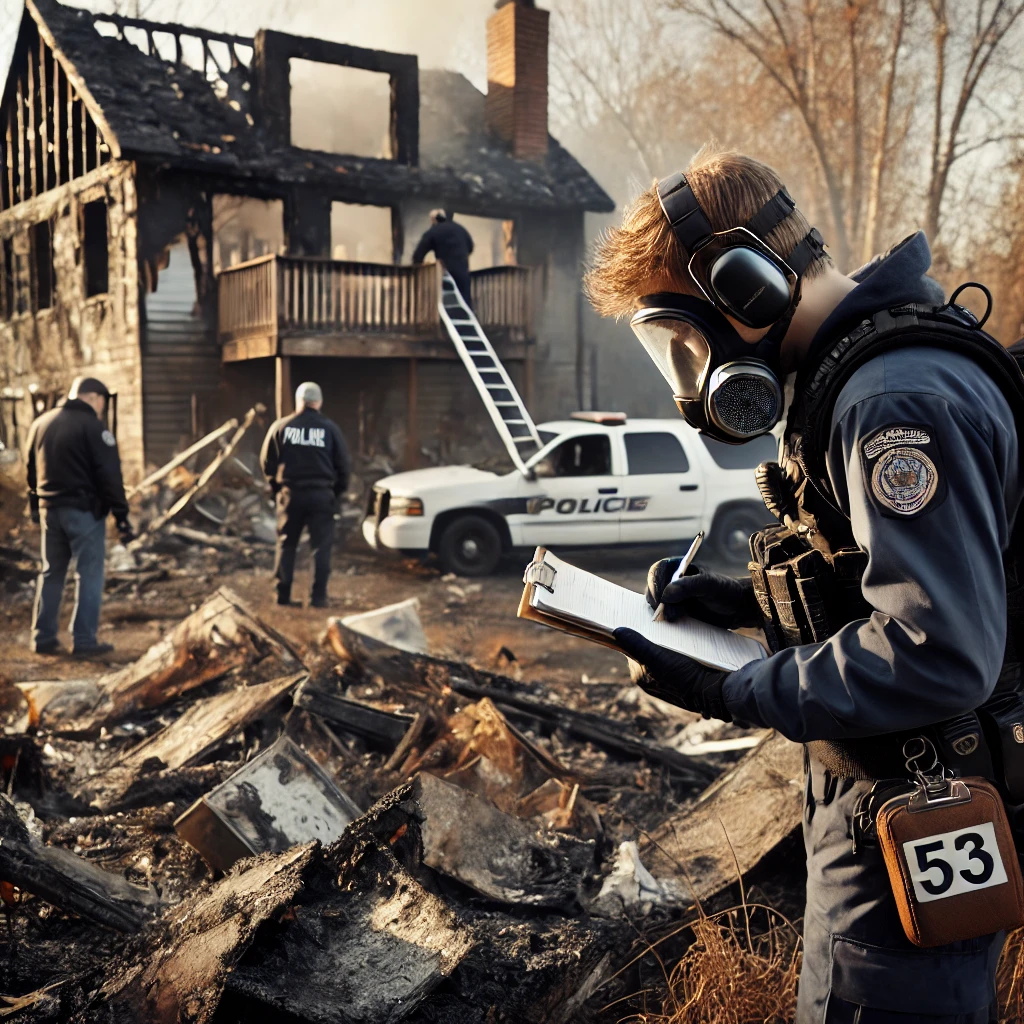 An officer investigates an incidence of arson.