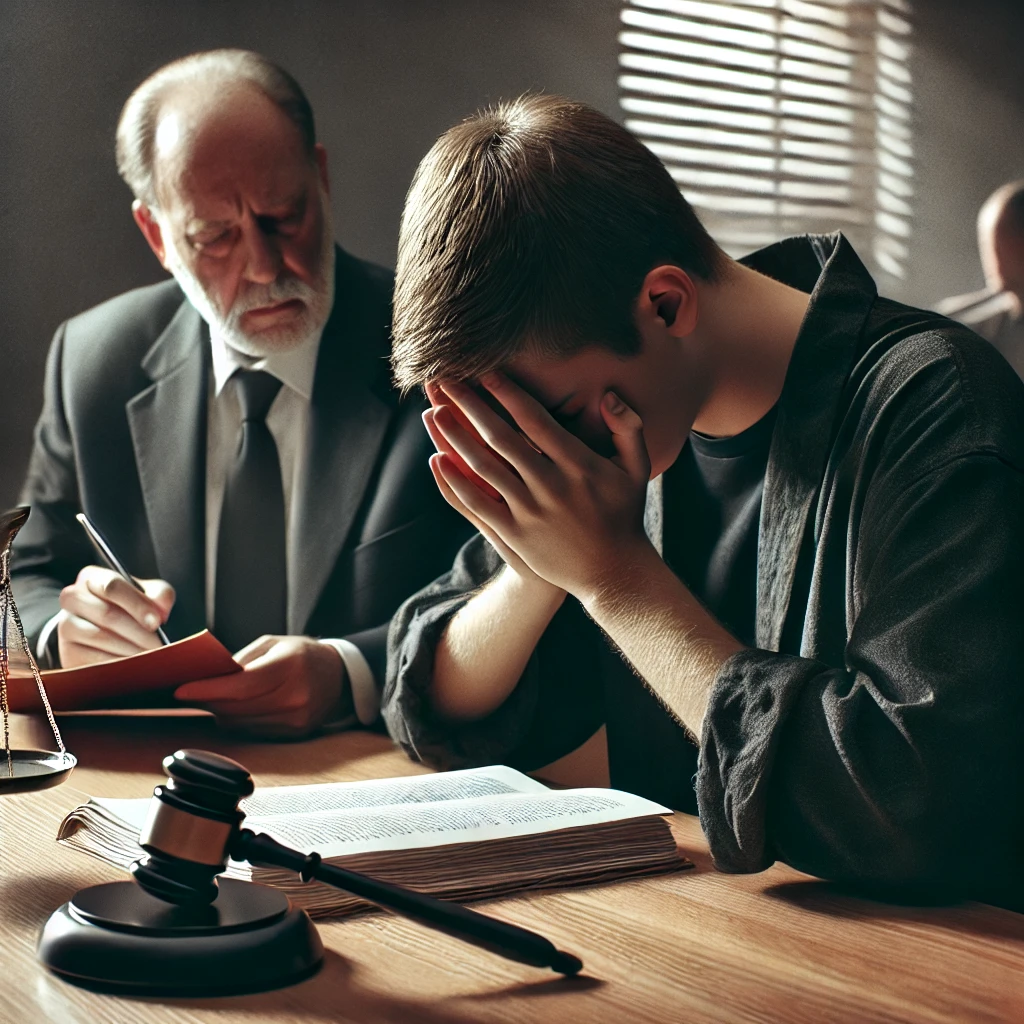 A teenager in court with his hands over his face.