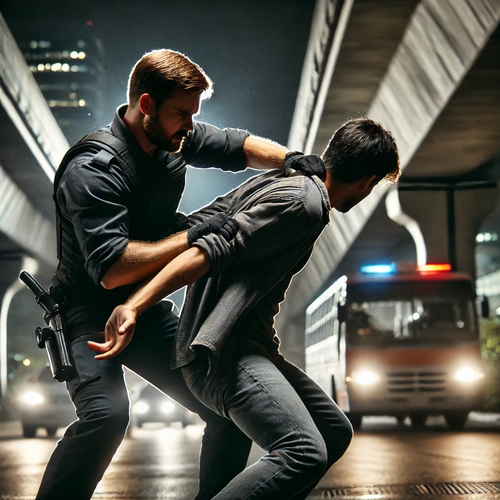 Officer in scuffle with man at night.