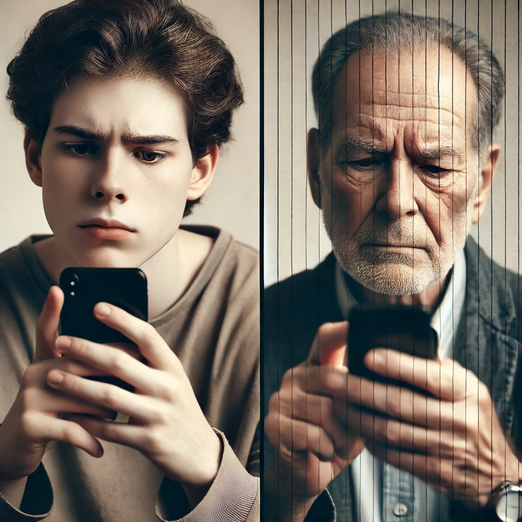 Older man texting younger man.